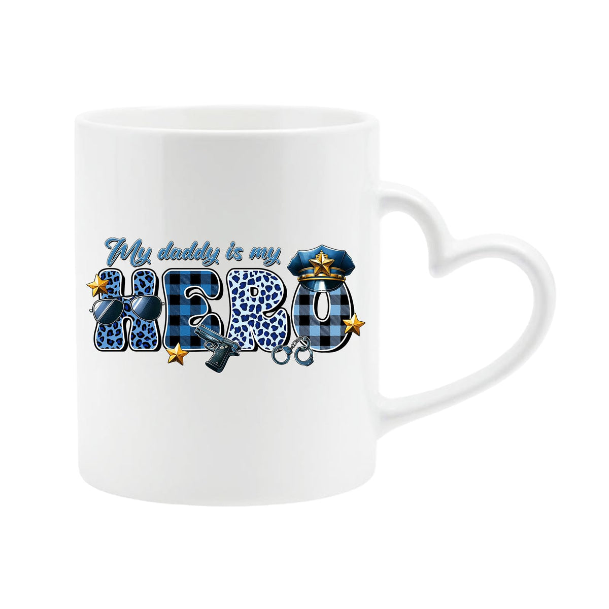 White heart-handle mug with “My daddy is my hero” in blue plaid and leopard letters with a police cap and badge