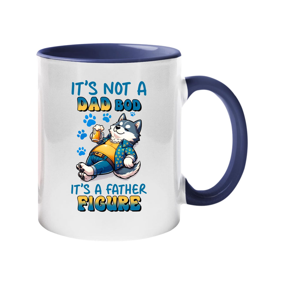 Colour handle mug with a relaxed husky with a beer and “It’s not a dad bod, it’s a father figure” – dark blue handle and inside