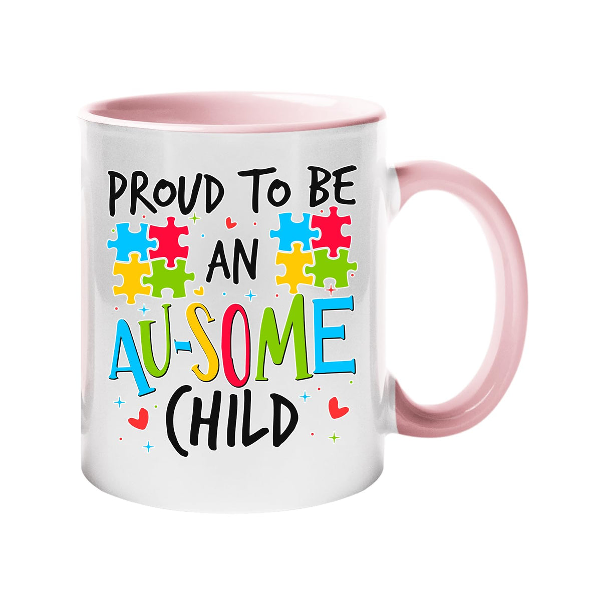 Colour handle mug with “Proud to be an AU-SOME child” with colourful puzzle pieces – light pink handle and inside