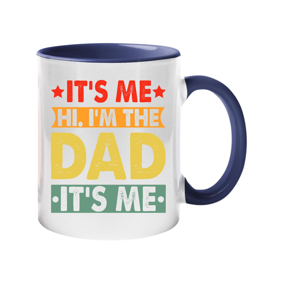 Colour handle mug with “It’s me, hi, I’m the dad, it’s me” in retro coloured banners – dark blue handle and inside