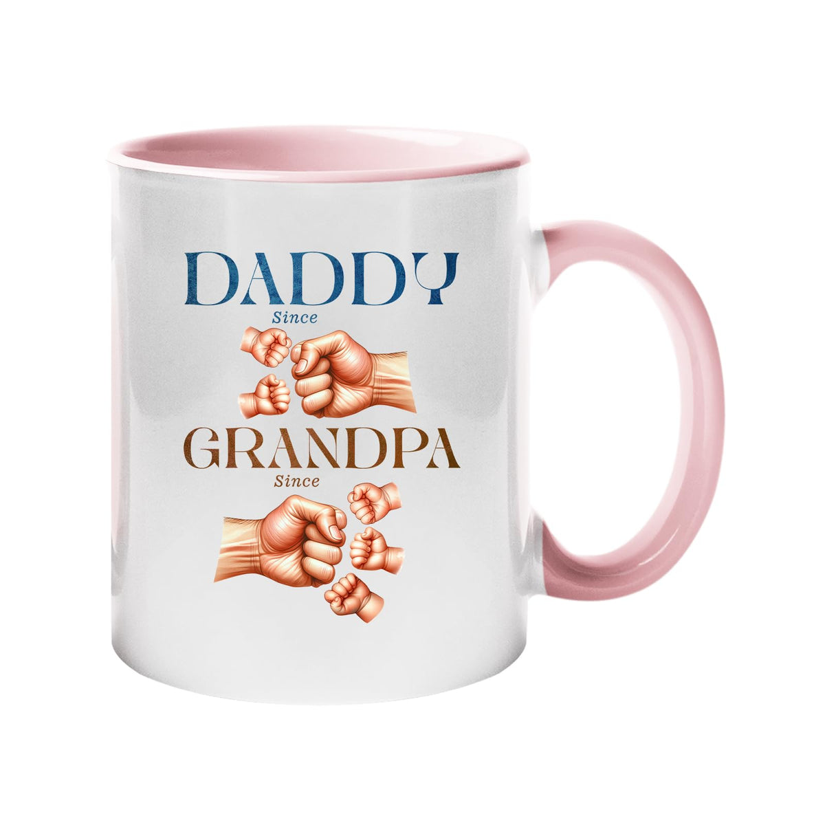 Colour handle mug with “Daddy since” and “Grandpa since” with generations of fist bumps – light pink handle and inside