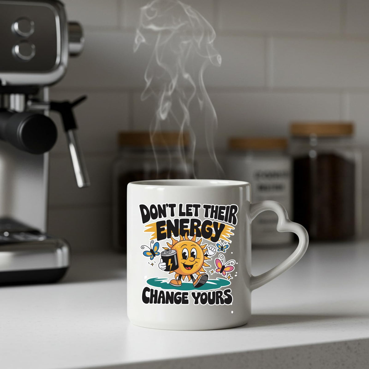 Steaming Positive Vibes sun heart-handle mug on a kitchen counter