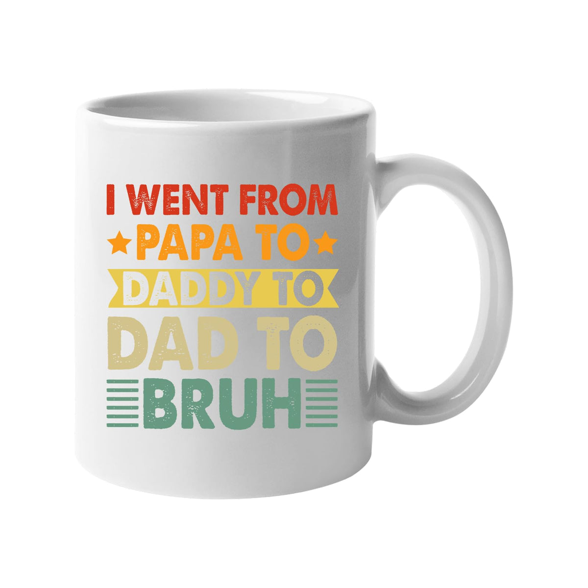 White mug with “I went from Papa to Daddy to Dad to Bruh” in retro lettering