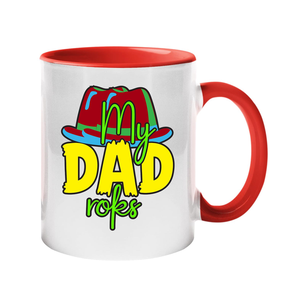 Red handle mug with the colourful My Dad Rocks hat design
