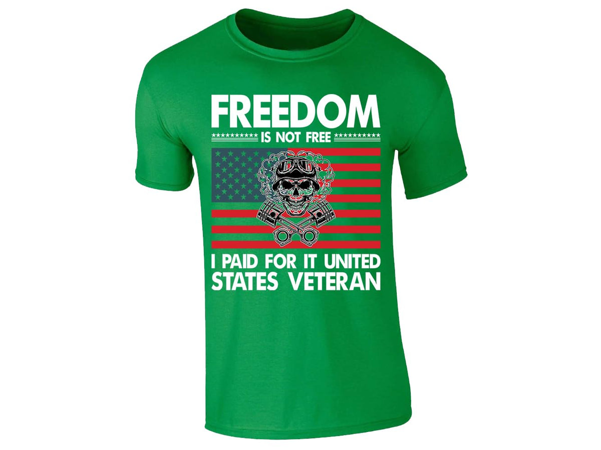 Irish Green men's T-shirt with “Freedom is not free – United States Veteran” flag design