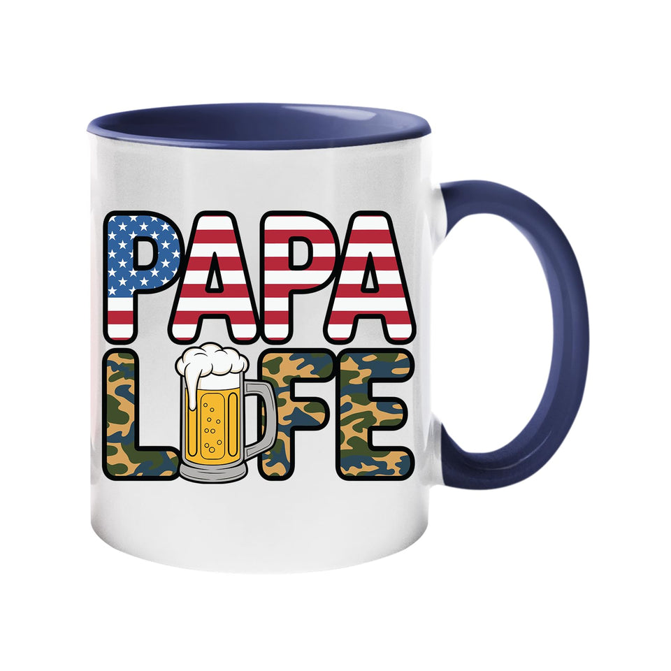 Colour handle mug with “Papa” in stars and stripes over camo “Life” with a frothy beer – dark blue handle and inside