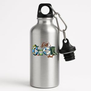 Silver aluminium water bottle with “Reel COOL Dad” spelled out with a bucket hat, bait tin, float and wellies