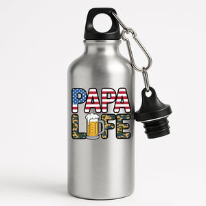 Silver aluminium water bottle with “Papa” in stars and stripes over camo “Life” with a frothy beer