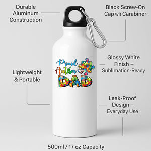 White aluminium water bottle with “Proud Autism Dad” with letters filled with colourful puzzle pieces