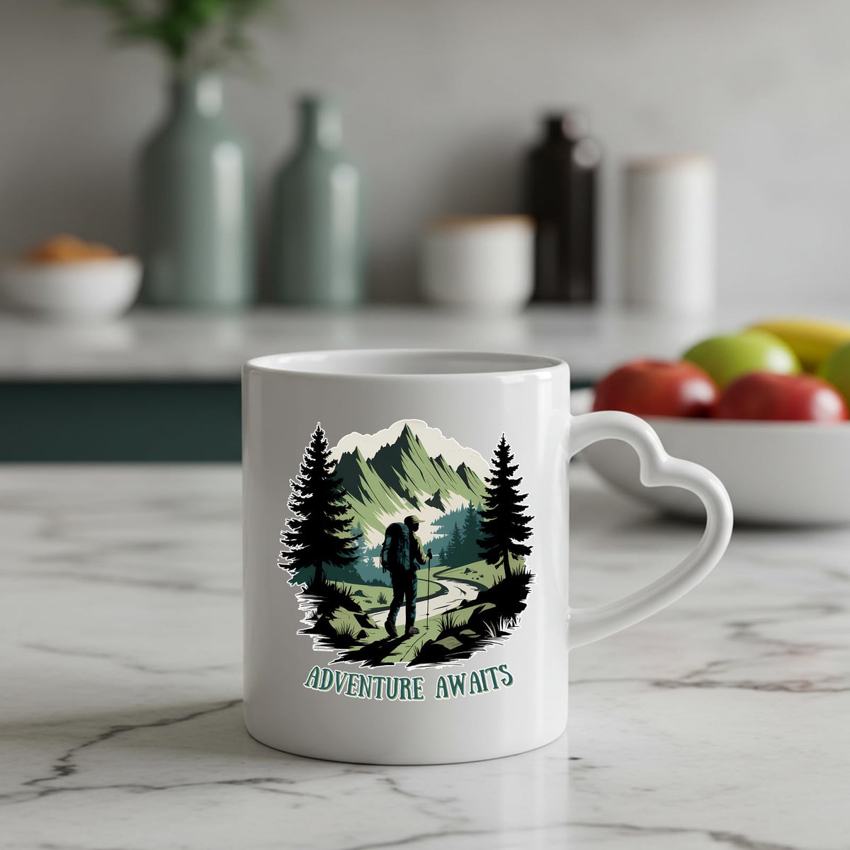 Adventure Awaits hiker heart-handle mug on a marble counter with fruit