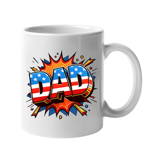White mug with a comic-style “DAD” in stars and stripes on a starburst