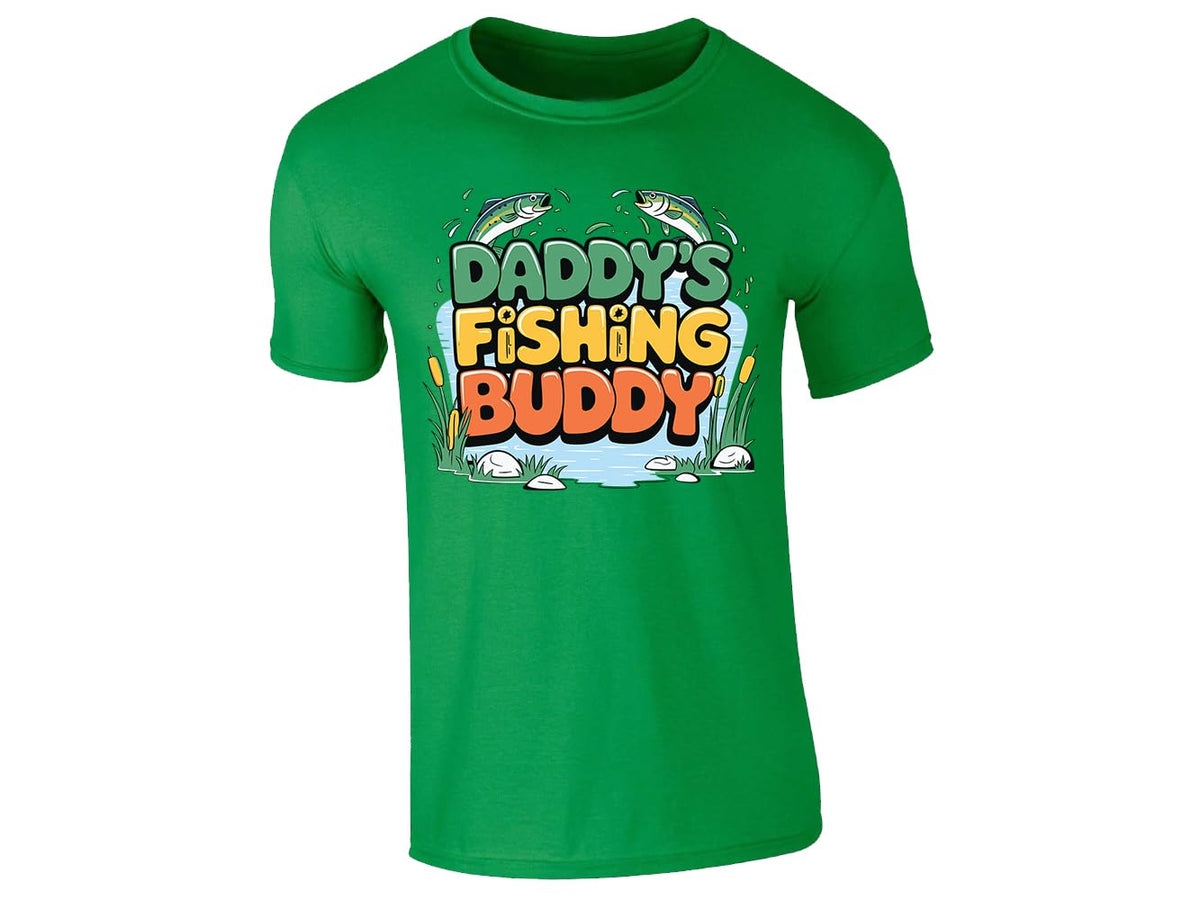 Irish Green men's T-shirt with “Daddy’s fishing buddy” pond and fish design