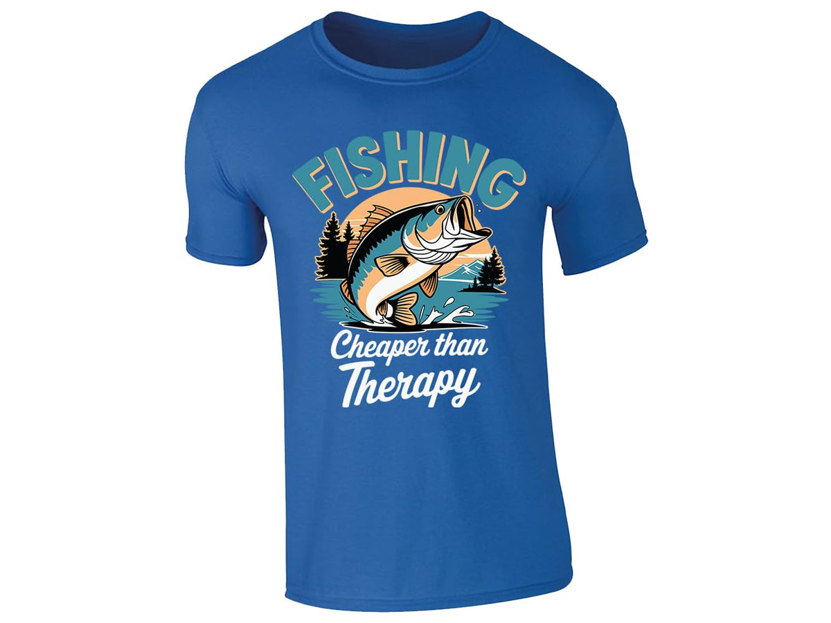 Royal Blue men's T-shirt with “Fishing – cheaper than therapy” bass design