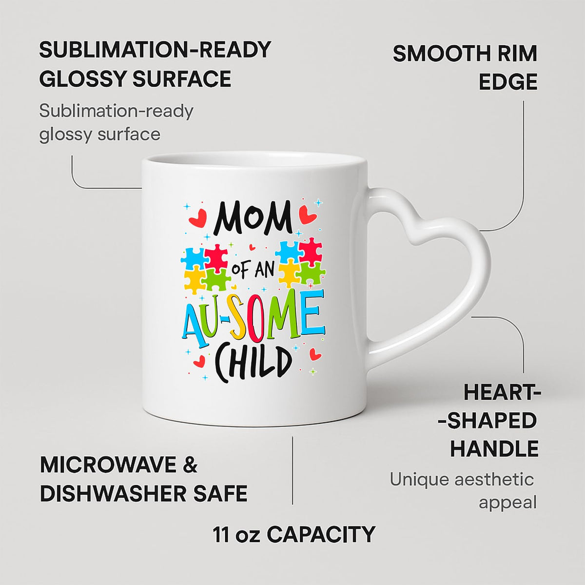 Heart-handle mug with labels for 11oz capacity, glossy surface and heart-shaped handle