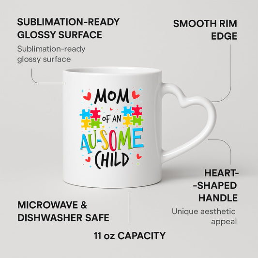 Heart-handle mug with labels for 11oz capacity, glossy surface and heart-shaped handle