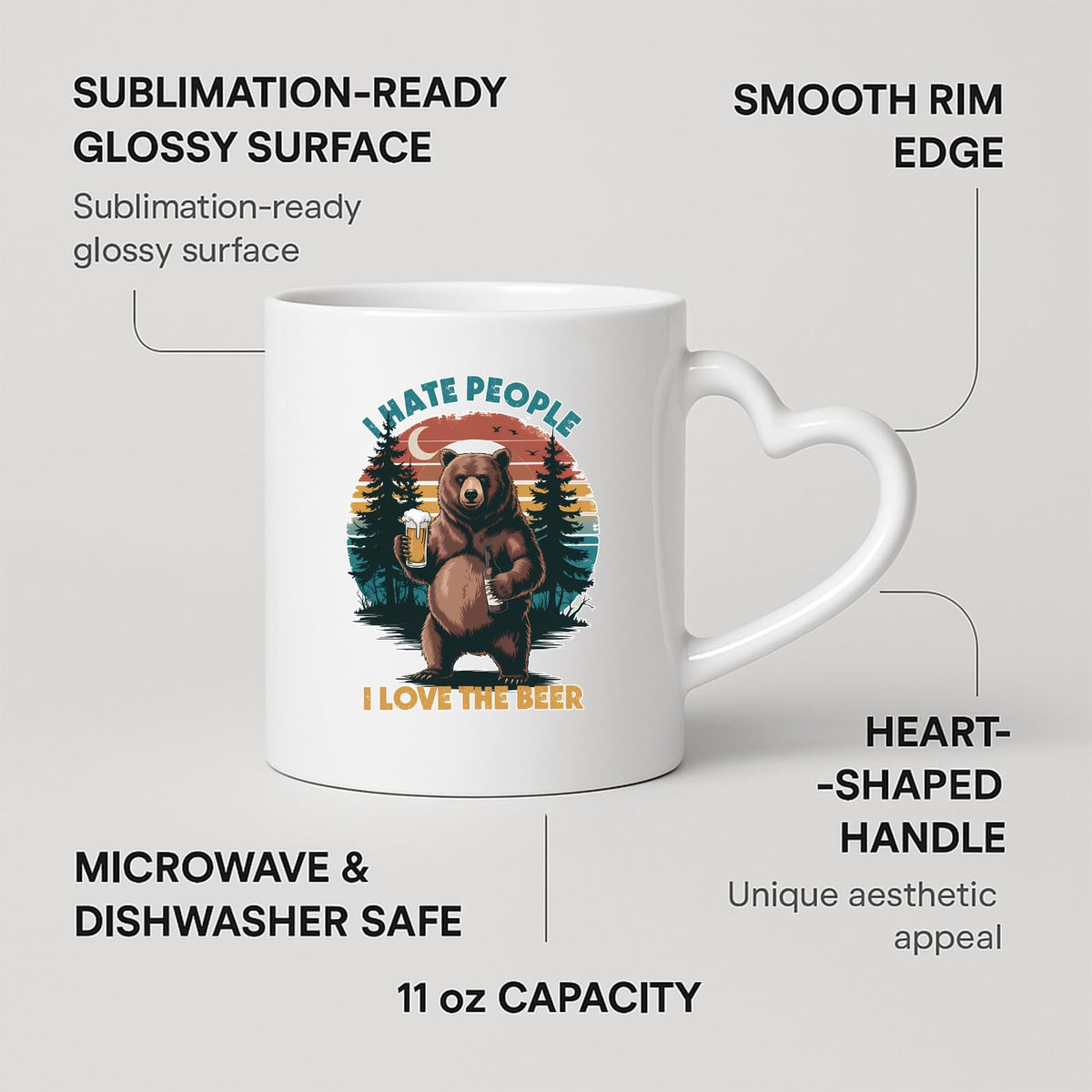 Heart-handle mug with labels for 11oz capacity, glossy surface and heart-shaped handle