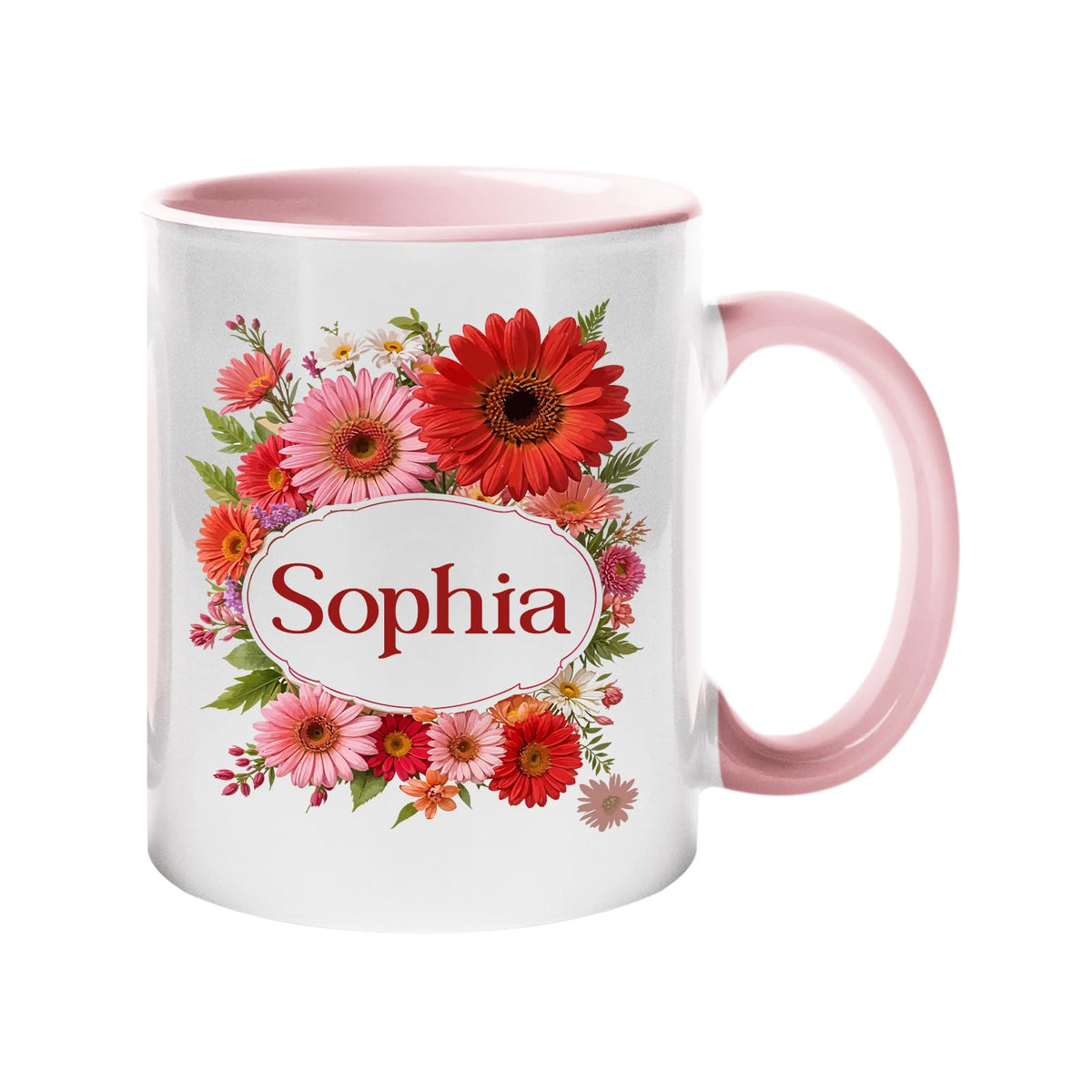 Light Pink handle mug with a red gerbera wreath around an example name