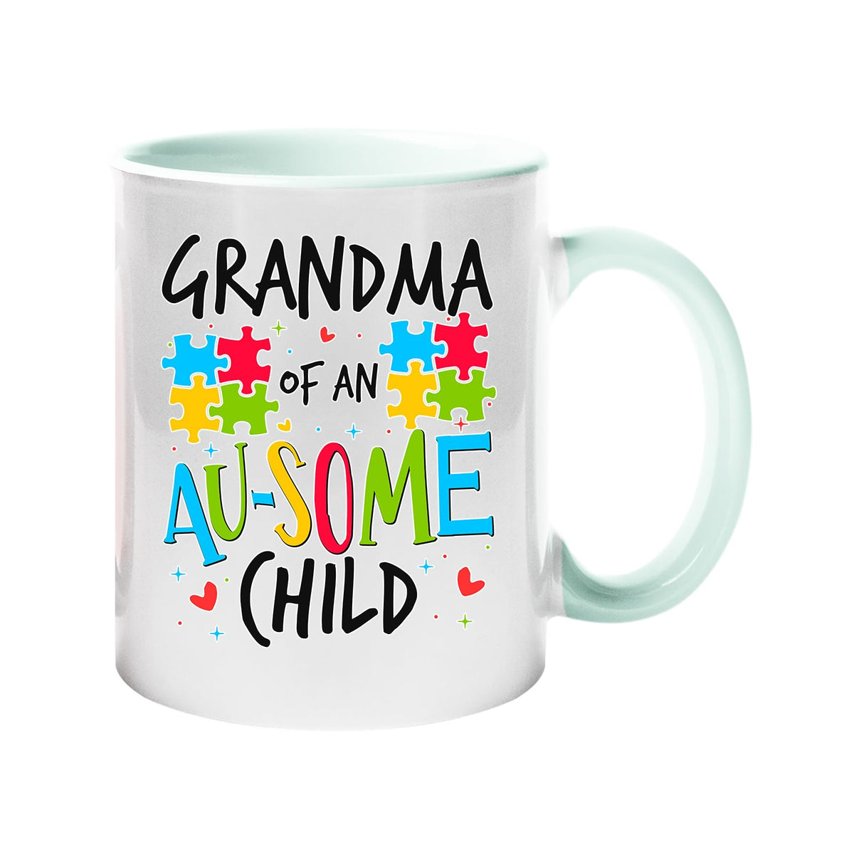 Colour handle mug with “Grandma of an AU-SOME child” with colourful puzzle pieces – lime handle and inside