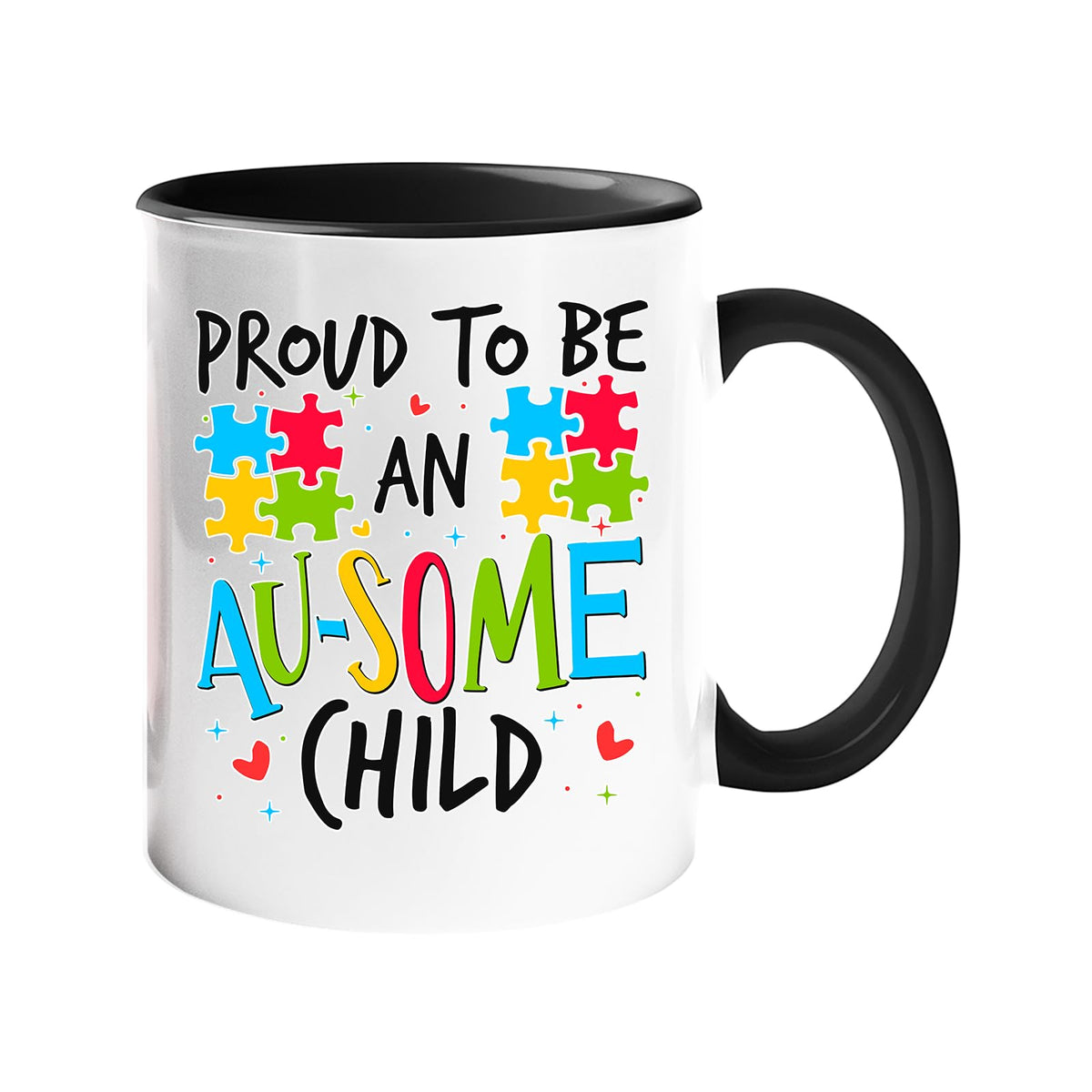 Colour handle mug with “Proud to be an AU-SOME child” with colourful puzzle pieces – black handle and inside
