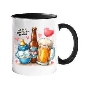 Colour handle mug with a baby bottle, a beer bottle and a frothy pint with hearts and “Our first Father’s Day together” – black handle and inside