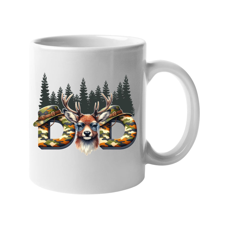 White mug with camo “DAD” letters with a stag’s head and pine forest