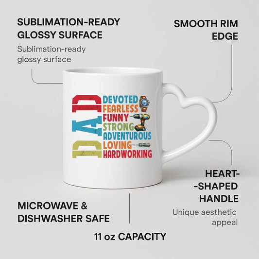Heart-handle mug with labels for 11oz capacity, glossy surface and heart-shaped handle