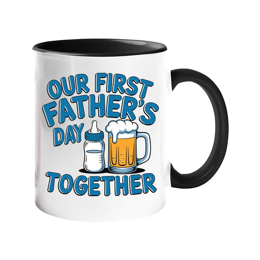 Colour handle mug with a baby bottle and a pint of beer with “Our first Father’s Day together” in blue – black handle and inside