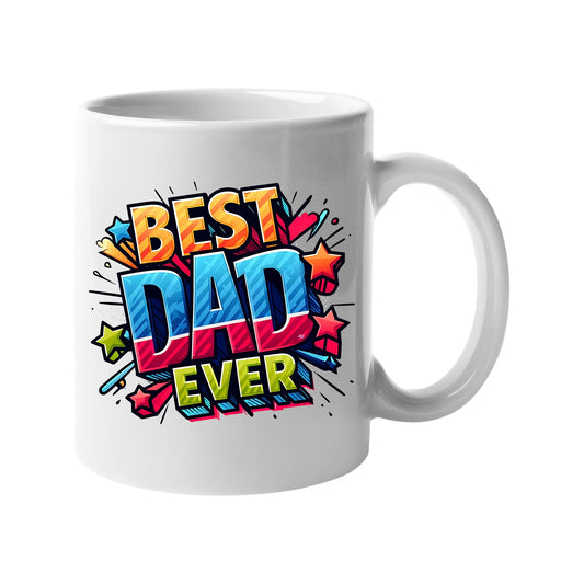 White mug with “Best Dad Ever” in bold comic-book lettering with stars