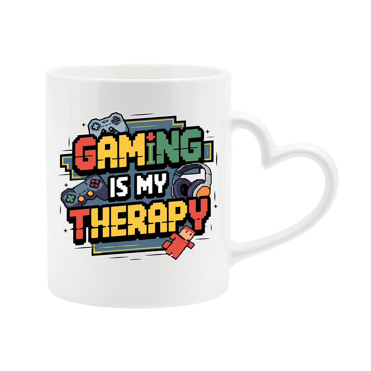 White heart-handle mug with “Gaming is my therapy” with controllers and headphones