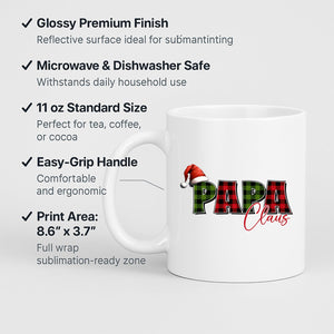 Man holding the Papa Claus mug in front of a Christmas tree