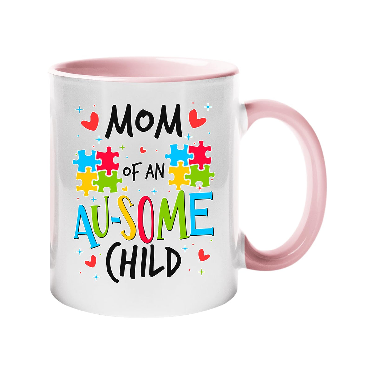 Colour handle mug with “Mom of an AU-SOME child” with colourful puzzle pieces and hearts – light pink handle and inside