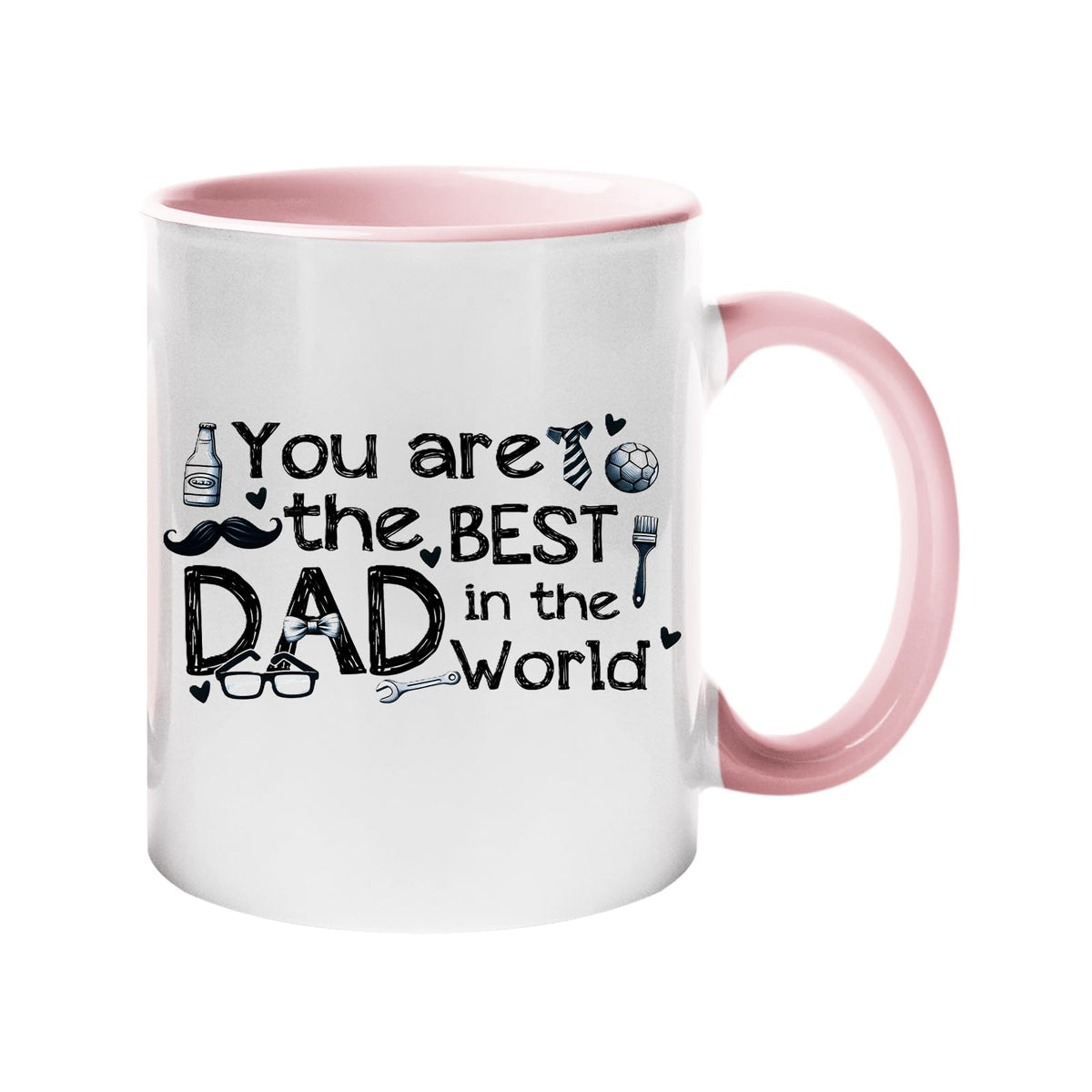 Colour handle mug with “You are the best Dad in the world” with hand-drawn dad icons – light pink handle and inside