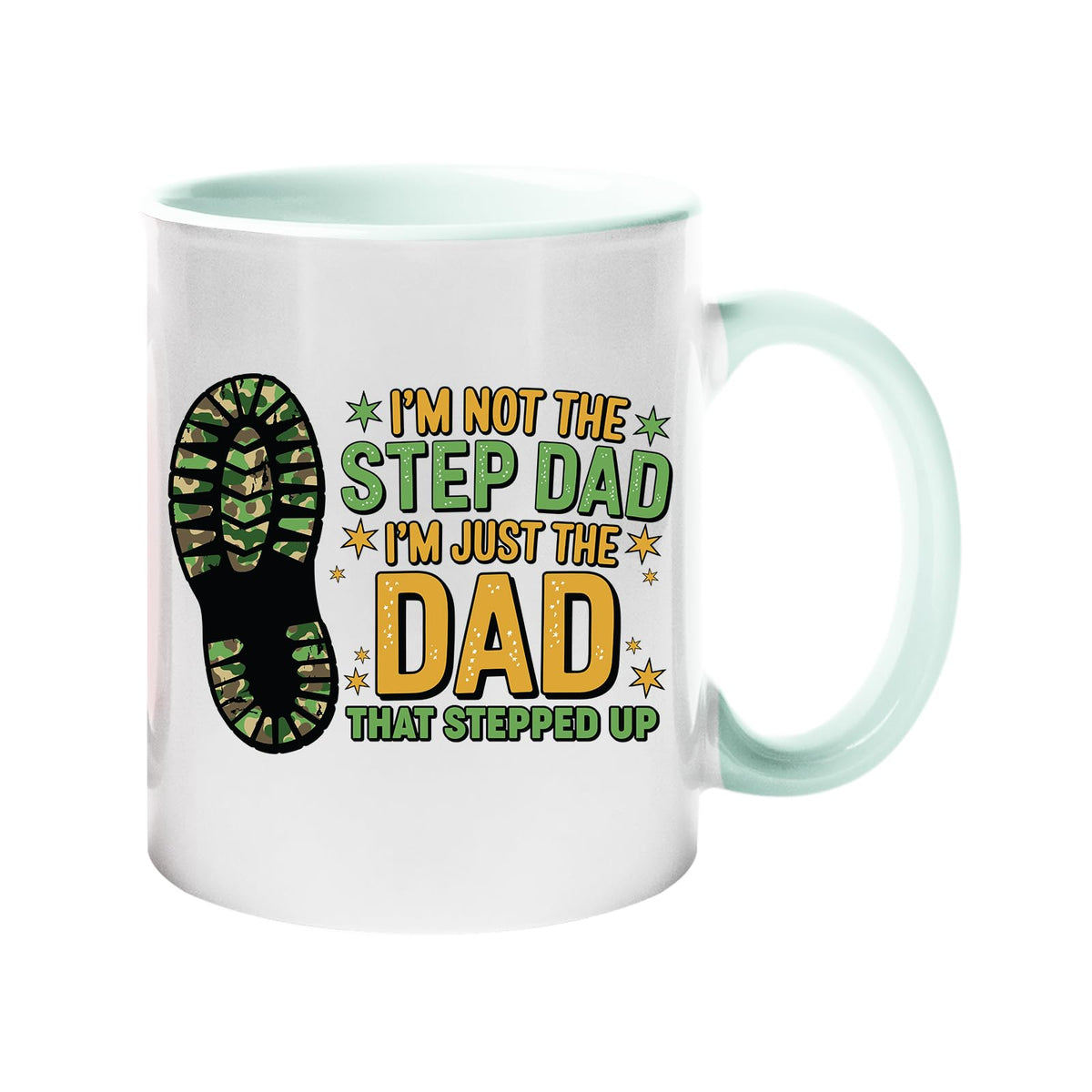 Colour handle mug with a camo boot print and “I’m not the step dad, I’m just the dad that stepped up” – lime handle and inside