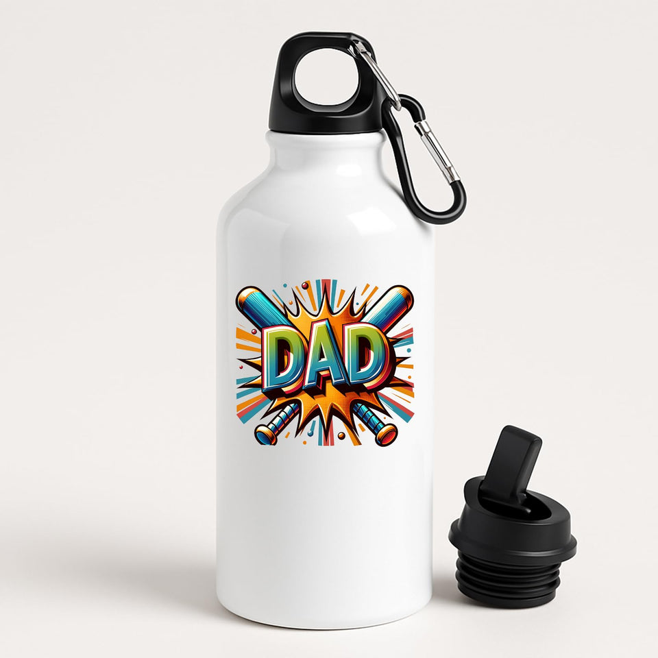 White aluminium water bottle with a comic-style “DAD” in front of crossed baseball bats