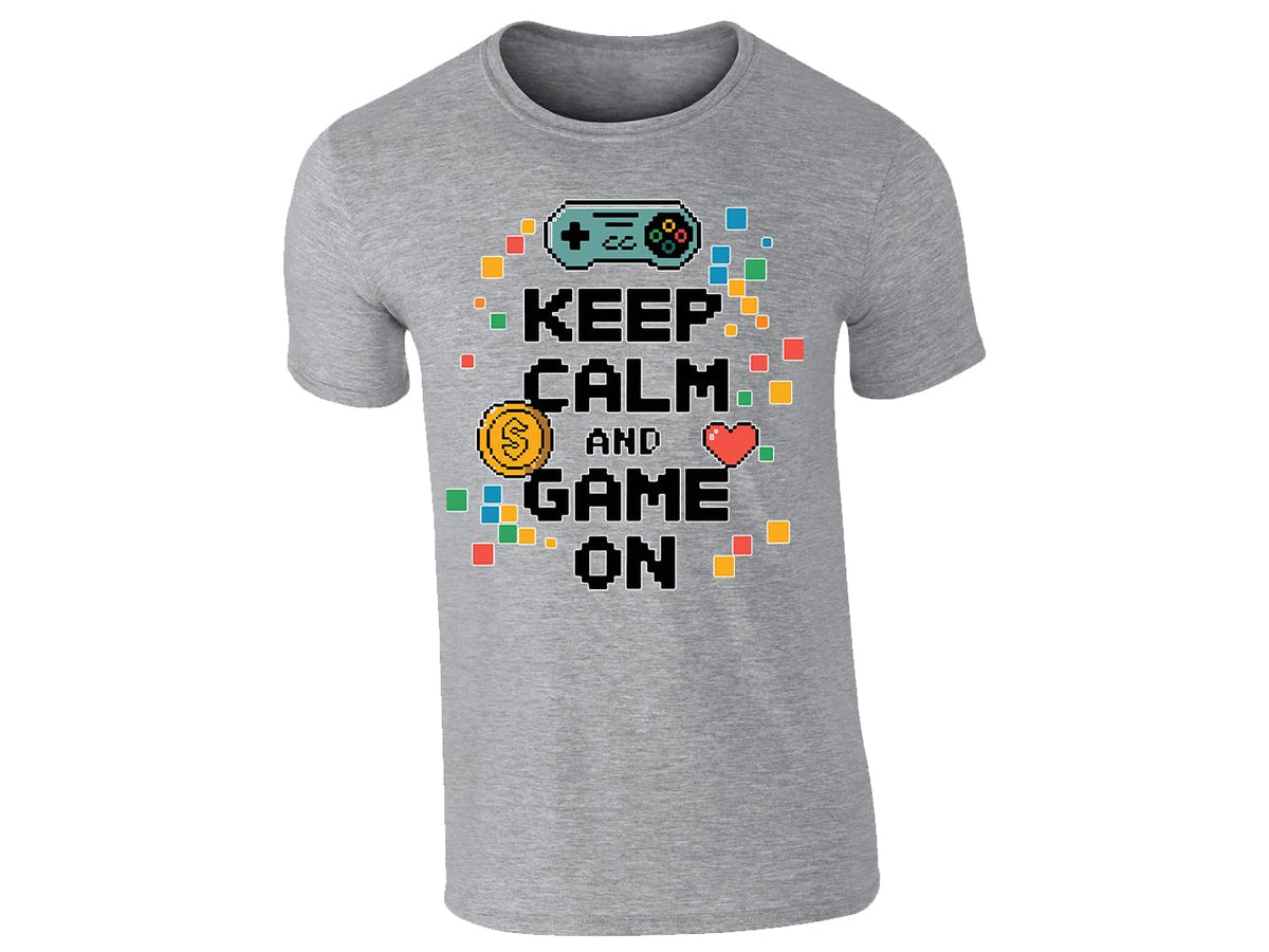 Heather Grey men's T-shirt with “Keep calm and game on” pixel controller design