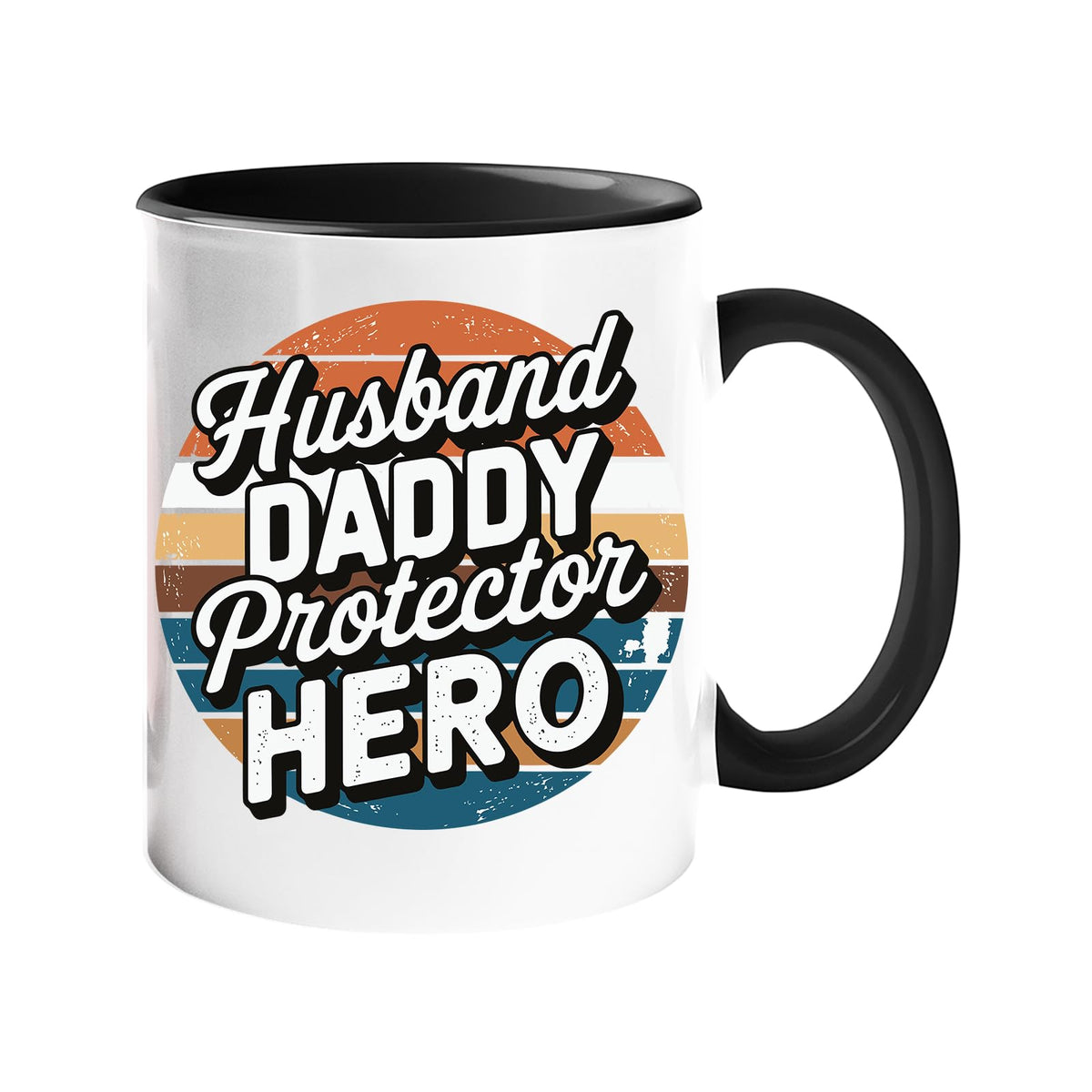 Colour handle mug with “Husband, Daddy, Protector, Hero” over a retro sunset circle – black handle and inside