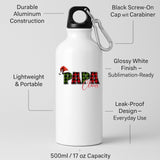White water bottle with labels for aluminium body, screw-on cap with carabiner and leak-proof design