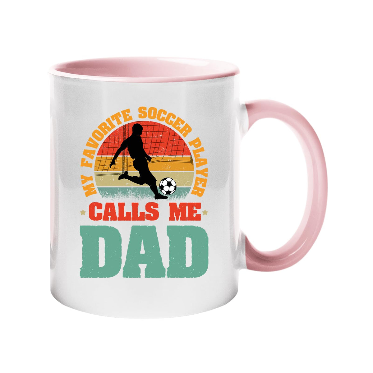 Colour handle mug with a footballer in silhouette on a retro sunset with “My favorite soccer player calls me Dad” – light pink handle and inside