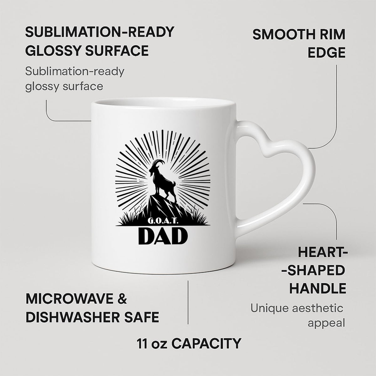 Heart-handle mug with labels for 11oz capacity, glossy surface and heart-shaped handle