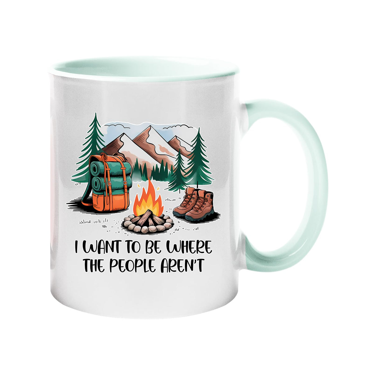 Colour handle mug with a campfire, backpack, boots and mountains with “I want to be where the people aren’t” – lime handle and inside