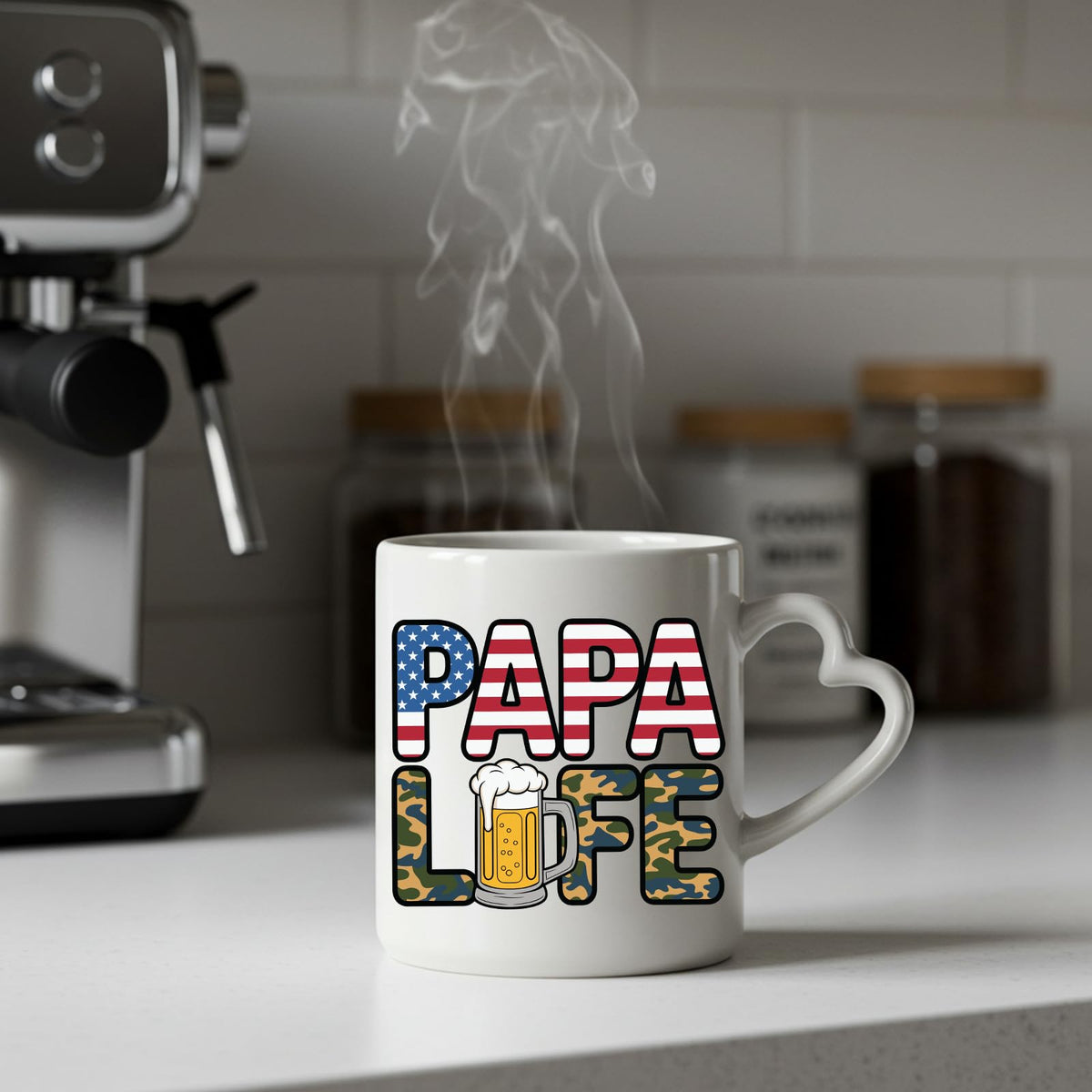 Steaming Papa Life heart-handle mug on a kitchen counter