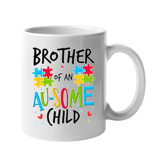 White mug with “Brother of an AU-SOME child” with colourful puzzle pieces