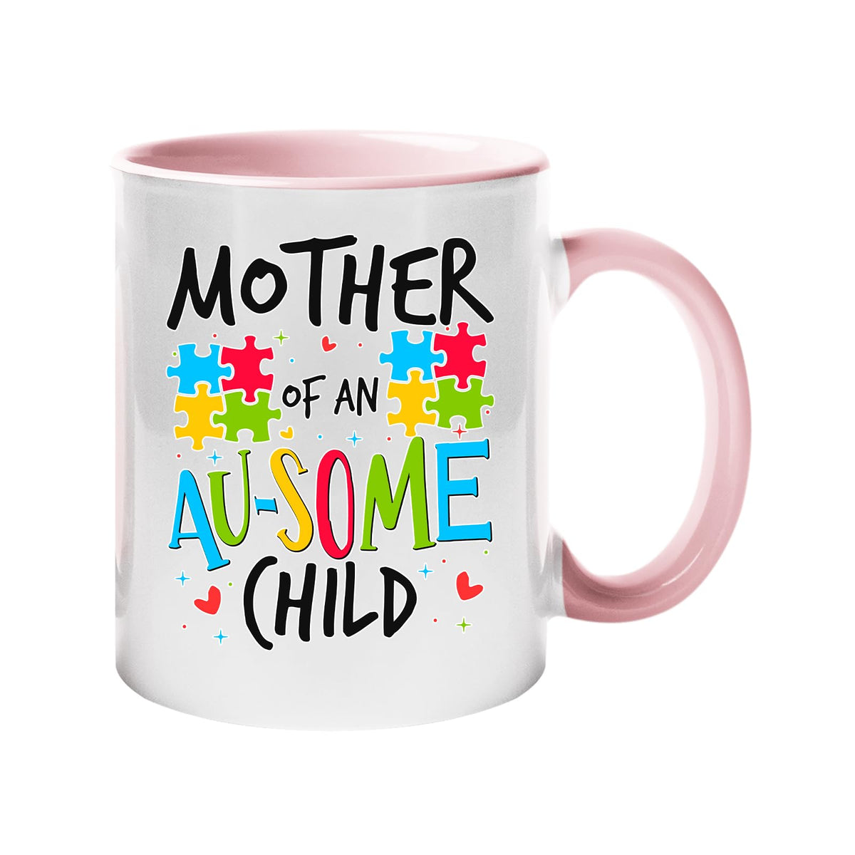 Colour handle mug with “Mother of an AU-SOME child” with colourful puzzle pieces – light pink handle and inside