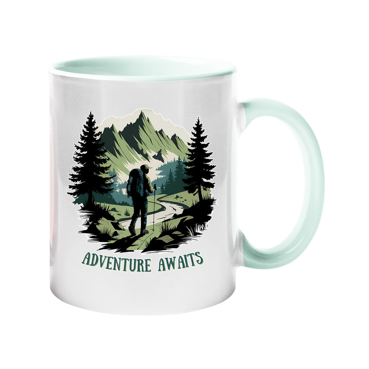 Colour handle mug with a hiker on a mountain trail between pine trees with “Adventure awaits” – lime handle and inside