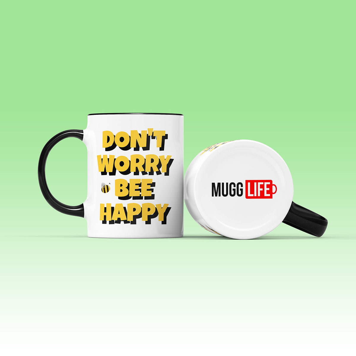 Bee happy mug on a green background