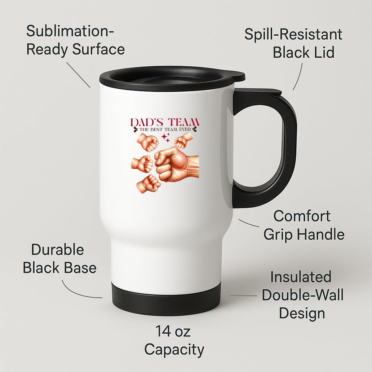 Travel mug with labels for spill-resistant lid, insulated double wall and 14oz capacity