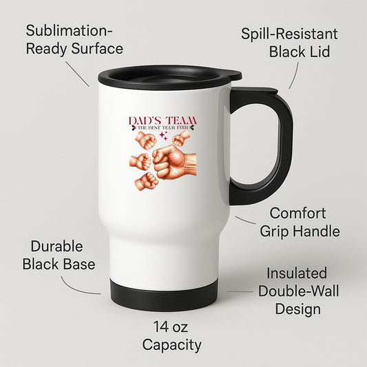 Travel mug with labels for spill-resistant lid, insulated double wall and 14oz capacity