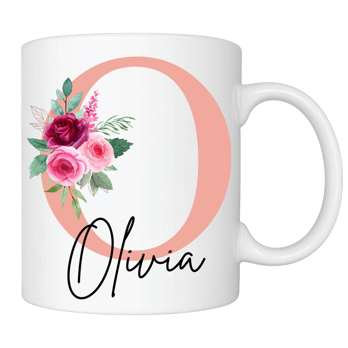 White mug with a blush pink O initial, roses and the name Olivia