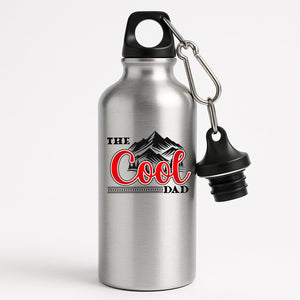 Silver aluminium water bottle with “The Cool Dad” in red script under black mountain peaks