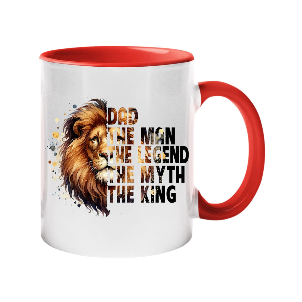Colour handle mug with a lion’s head beside “Dad – the man, the legend, the myth, the king” – red handle and inside